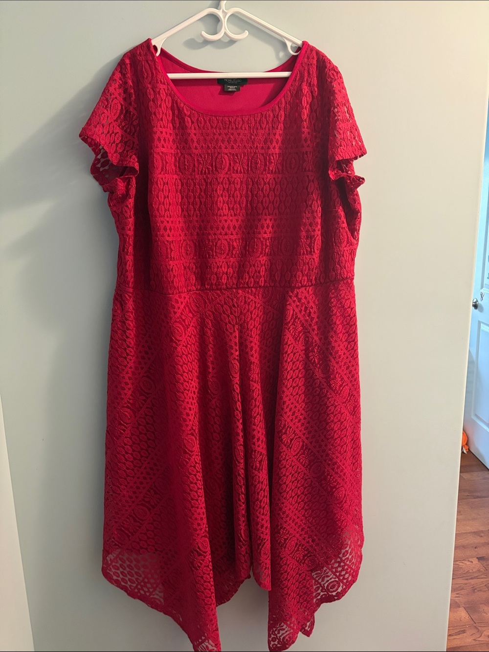 Michel Studio Vibrant Red Lace Midi Dress with Scoop Neck